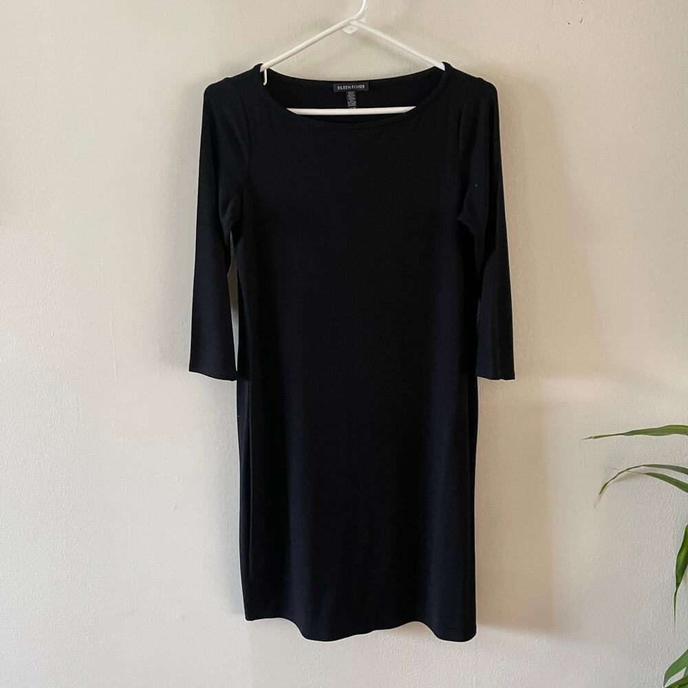 Eileen Fisher Womens XS Shift Dress Black Jersey Minimalist Lagenlook Casual